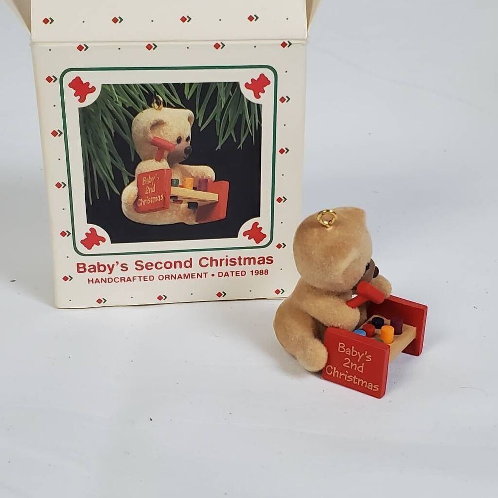 1988 Hallmark Keepsake “Baby’s Second Christmas” Ornament – Flocked Bear w/ Toy